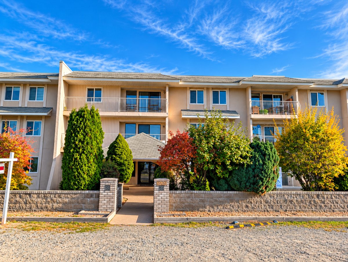 Three-storey stucco condo building with balconies and a brick address pillar reading 8909, Osoyoos BC