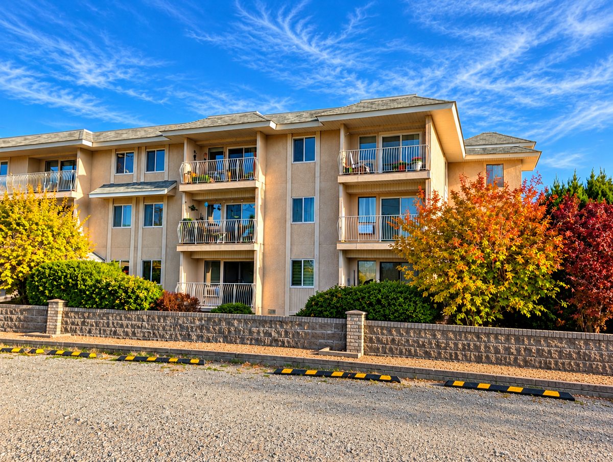 Balconies on the 8909 92nd Avenue condo building in Osoyoos, with autumn trees and parking stops in front