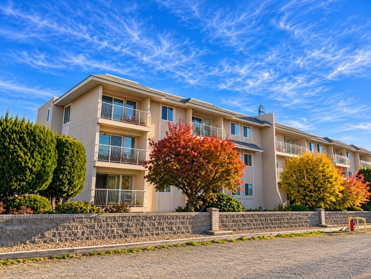 Side of the 8909 92nd Avenue condo building in Osoyoos with balconies, hedges and a stone retaining wall