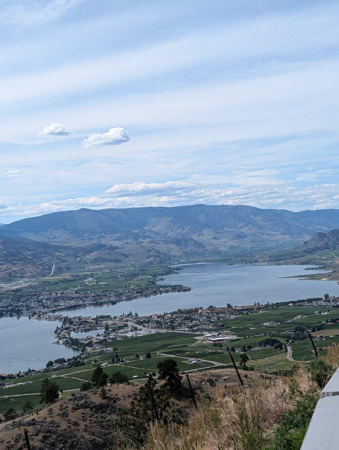 Aerial view of Osoyoos Lake, vineyards, and the valley from Anarchist Mountain