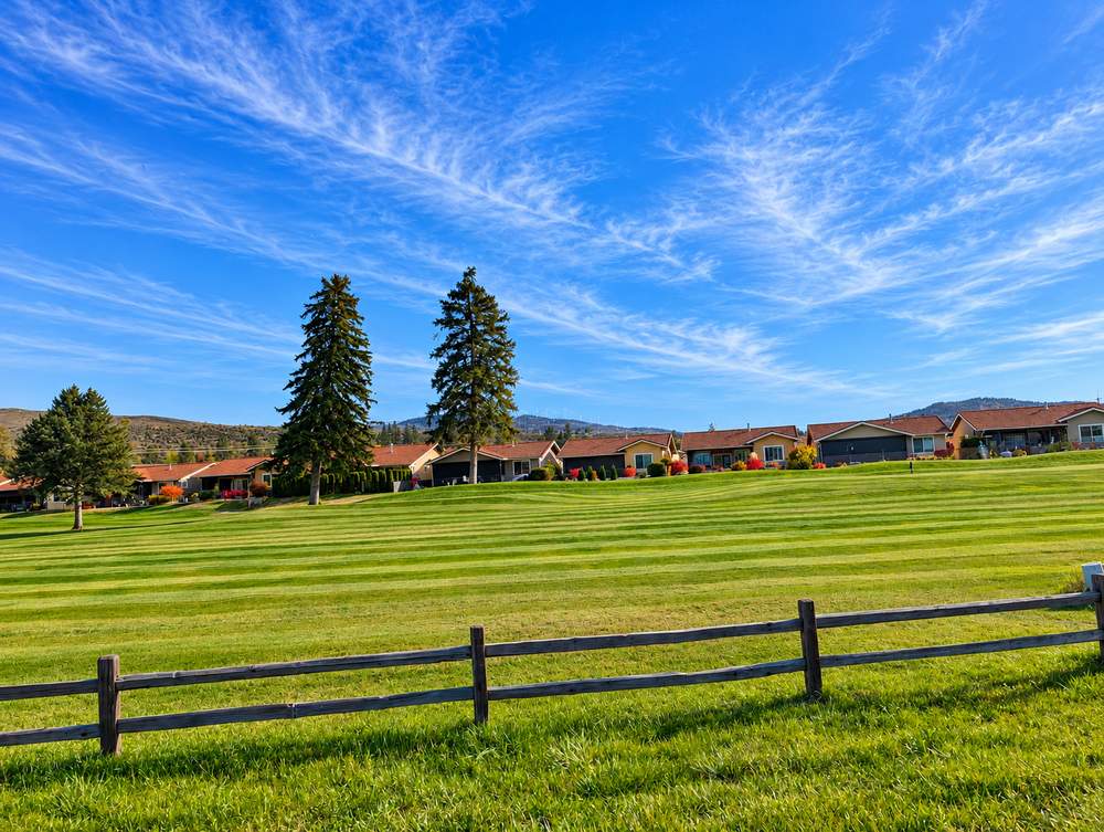 Mown lawn behind a split-rail fence with two tall pines and a row of homes in the distance at Canyon Desert Golf Villas