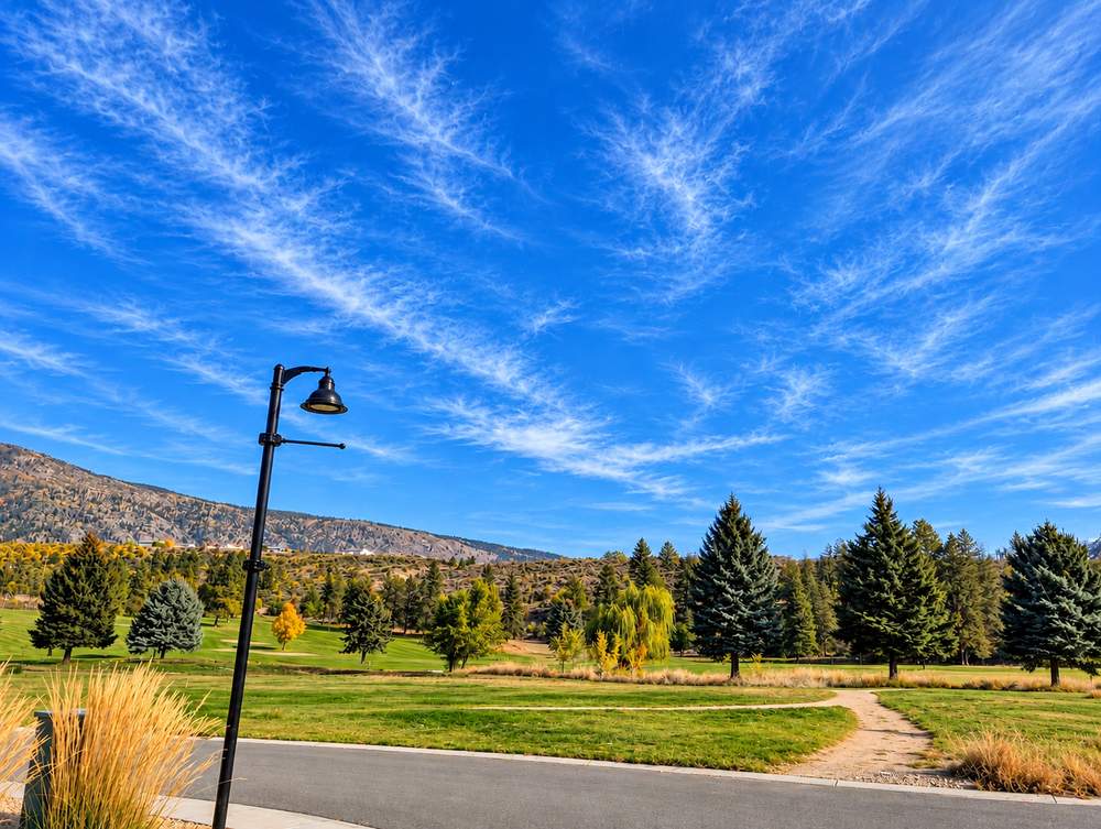 Black lamp post beside a lawn and gravel path with evergreen trees and the golf course beyond, with hills behind