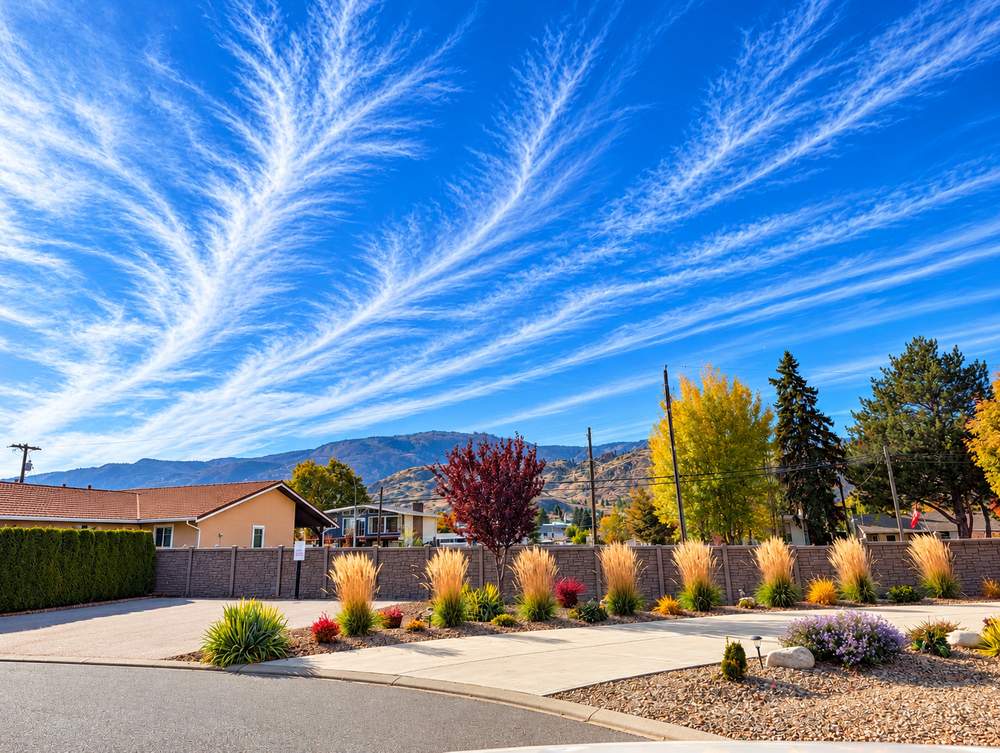 Stone-pattern fence behind ornamental grasses and gravel beds beside a curb at Canyon Desert Golf Villas, with hills behind